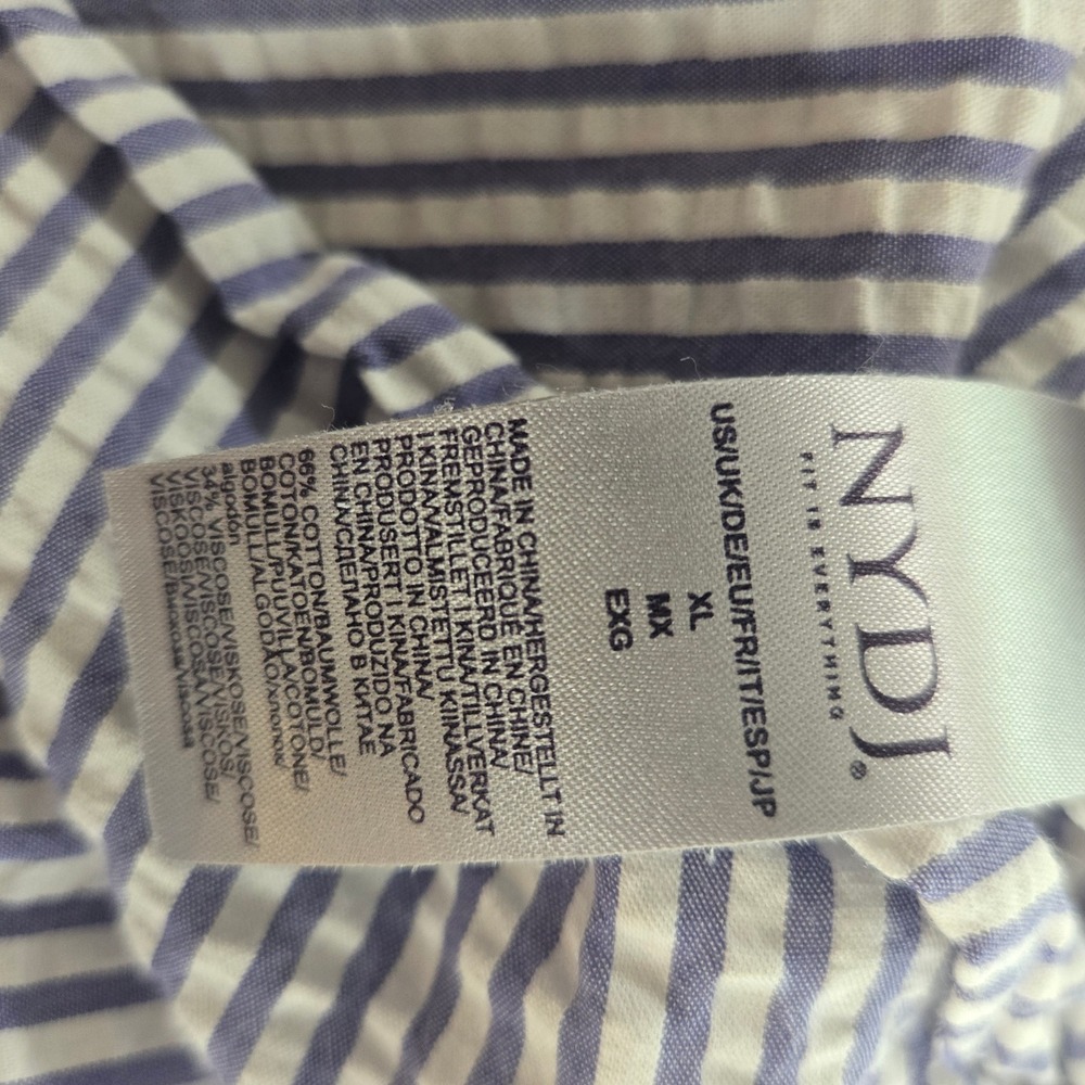 NYDJ Blouse Womens XL Blue White Striped Seersucker Henley Roll Tab Shirt Top - Picture 5 of 11